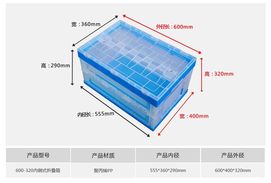 新利188600-320塑料内倒式折叠周转箱透明款